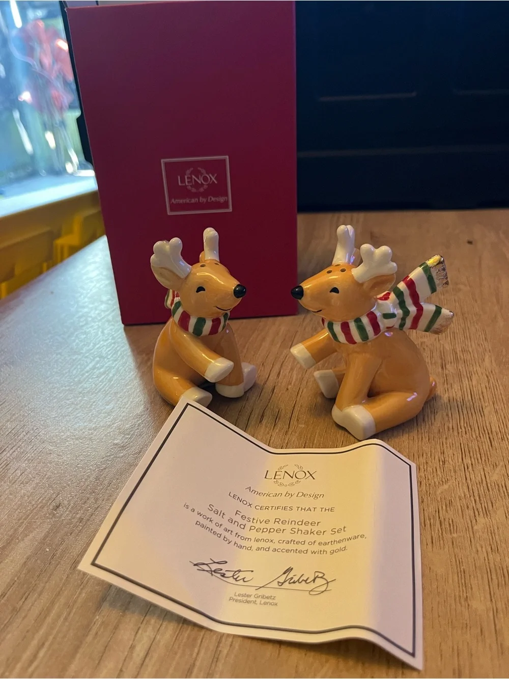 LENOX FESTIVE REINDEER SALT AND PEPPER SHAKER SET in box Collectable
